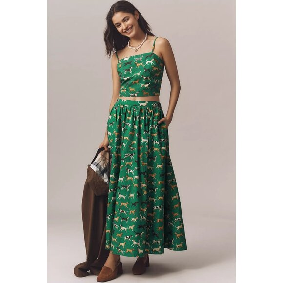 Anthropologie The Jacie Poplin Dog Print Green Maxi Skirt + Tank SET M - Picture 3 of 4